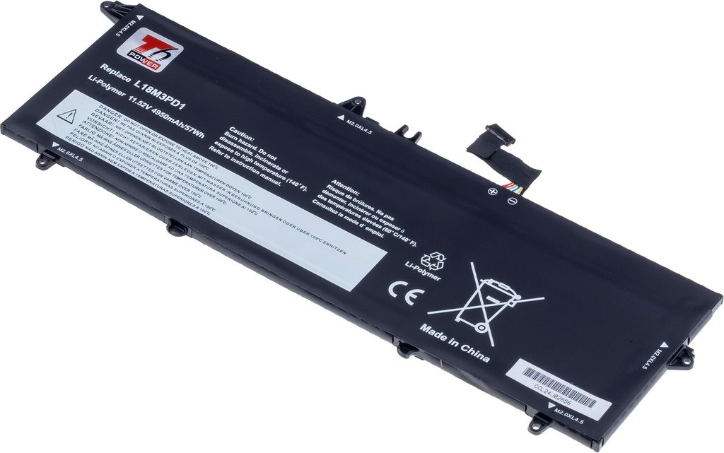 T6 Power Akku für Lenovo Laptop, Teilenummer L18L3PD1, Li-Poly, 11,52 V, 4950 mAh (57 Wh), schwarz