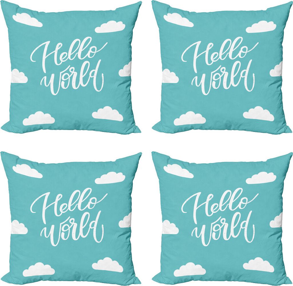 ABAKUHAUS Hallo Welt Kissenbezug Set (4 Stück), Hallo Welt mit Wolken-Baby, Moderner Doppelseitiger Digitaldruck, 40 cm x 40 cm, Hellblau und Weiß