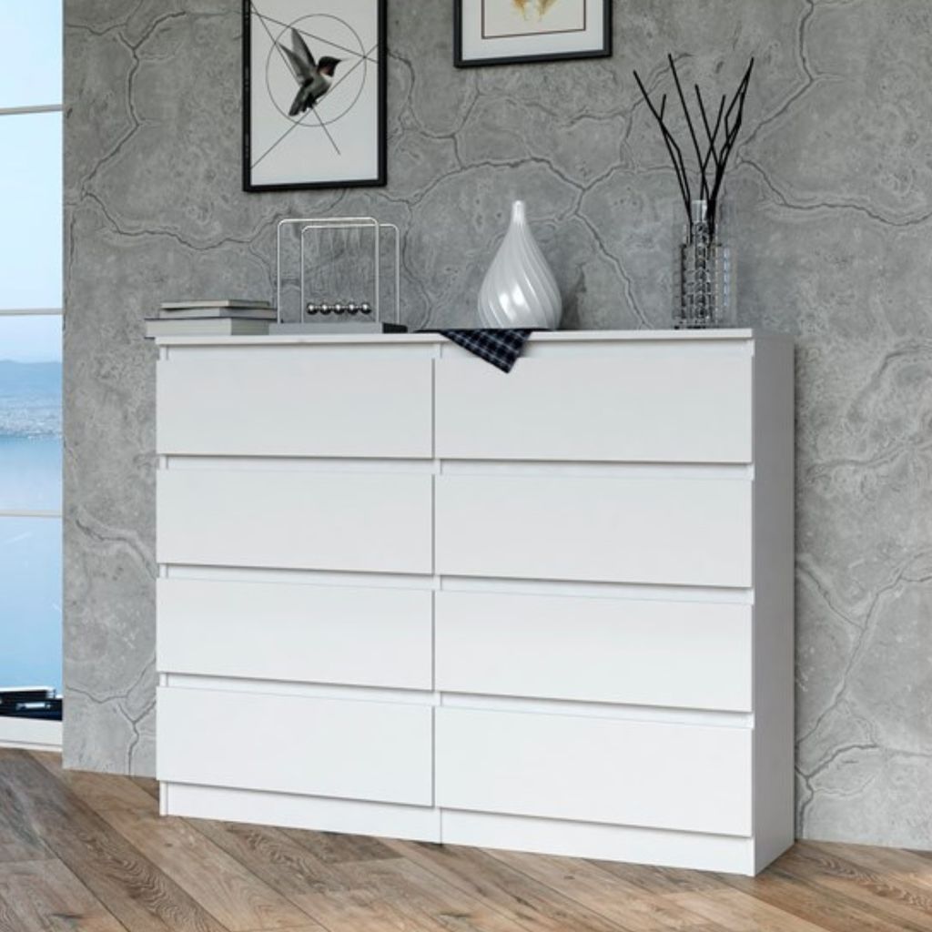 Kommode, Schlafzimmer Flur, Schrank, Sideboard, Highboard mit 8 Schubladen, Breite 120 cm Höhe 97 | Weiß