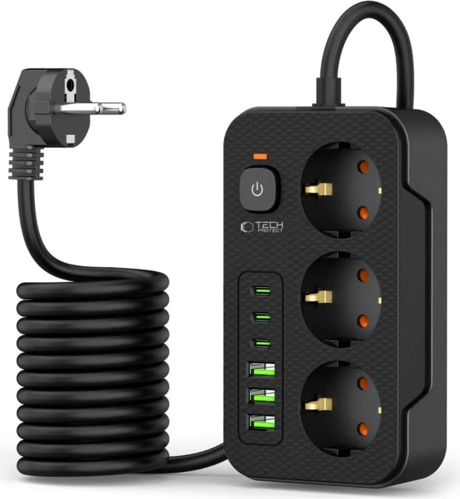Ciabatta Elettrica Tech-Protect PC3X6 Nera con 6 Porte USB e 3 Prese