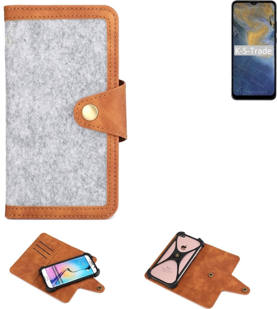 K-S-Trade Handyhülle kompatibel mit ZTE Blade A51 Schutzhülle Filz-Hülle Kunst-Leder hellgrau braun (1x)
