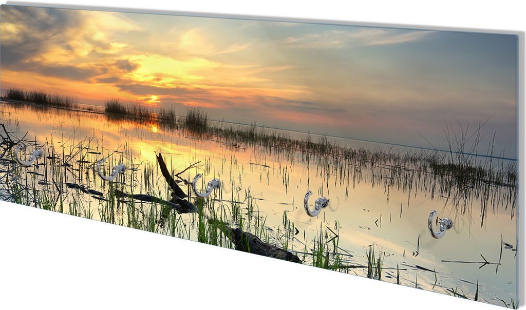 Wallario Flurgarderobe Wandgarderobe aus Glas, mit 5 Haken, Größe 80 x 30 cm, Motiv Schilf am Abend - Sonnenuntergang über der Seelandschaft