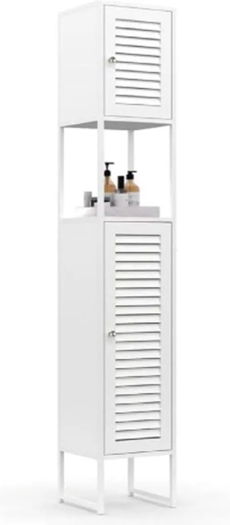 Meuble de salle de bains en métal blanc à 2 portes et style lamelles