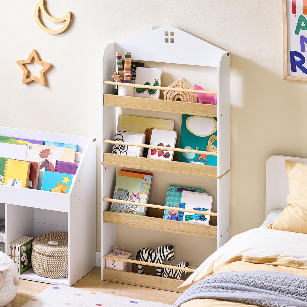 SoBuy Bücherregal Kinder, Kinderregal, Spielzeug Aufbewahrungsregal mit 4 Ablagen für Bücher und Deko, Montessori Regal, Kinderzimmer Möbel KMB...