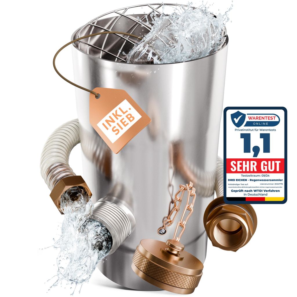Drei Eichen Regenwassersammler mit Sieb für Fallrohre 80mm | erhöhter Ertrag | Langer 0,5m Schlauch | Edelstahl | Fassanschluss Fallrohr Regent...