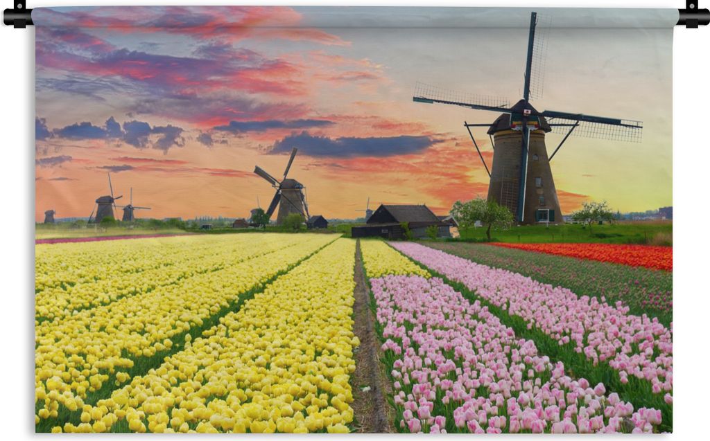 MuchoWow Wandteppich Wandbehang Tulpen - Windmühle - Natur 90x60 cm Tapisserie Dekoration Wandtuch - Wandskulpturen - Bildteppich