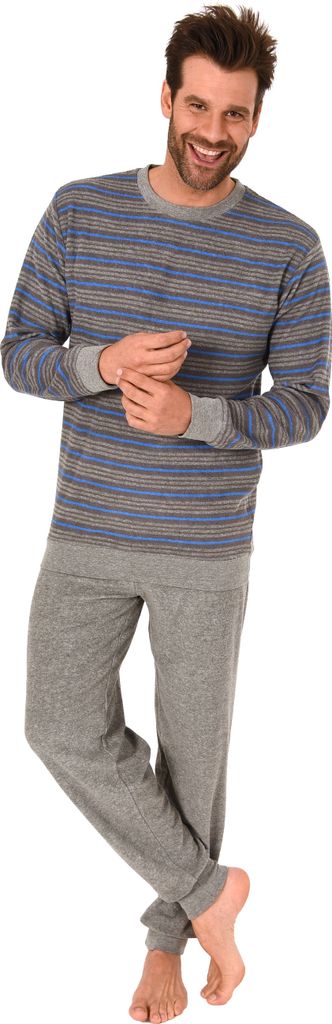 Herren Frottee Pyjama mit Bündchen Schlafanzug in lässiger Streifenoptik - 291 101 13 845 ; grau-melange , 56