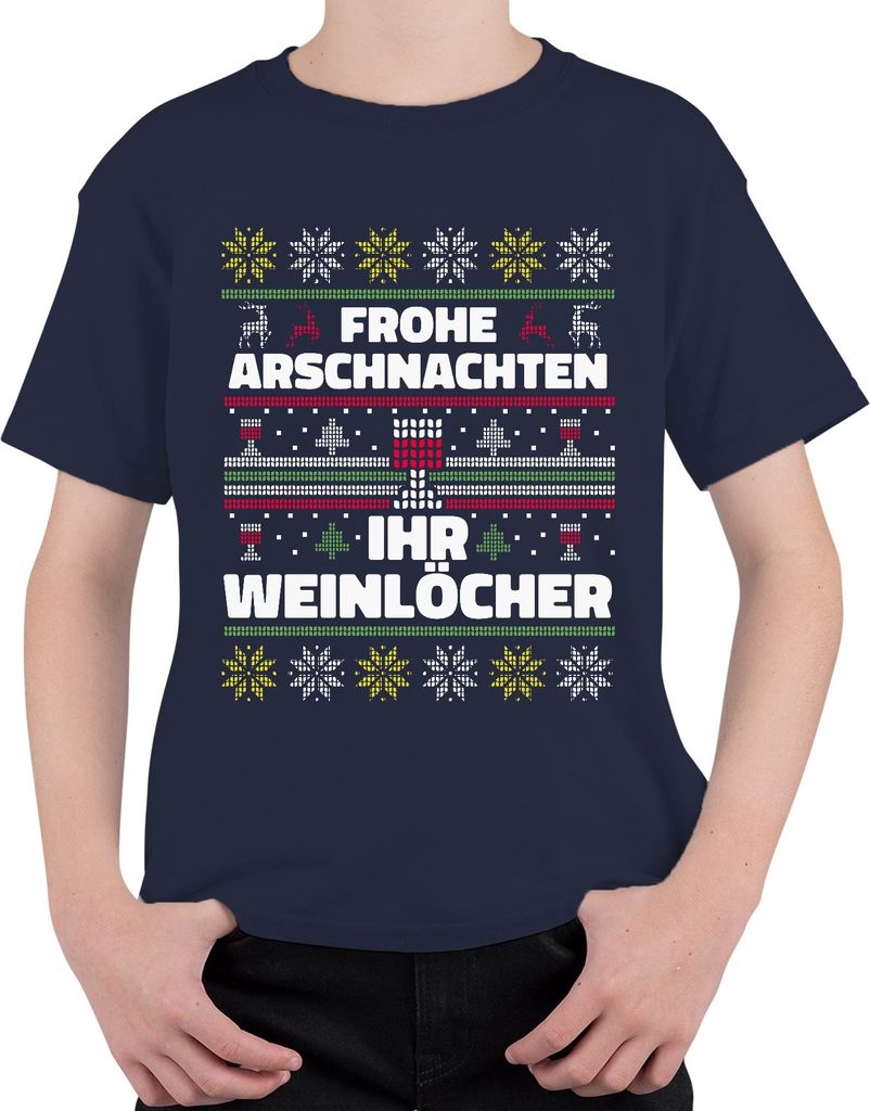 Frohe Arschnachten Ihr Weinlöcher Sarkasmus - Ugly Christmas Sweater Weihnachten Uni Kinder T-Shirt, Navy, 116
