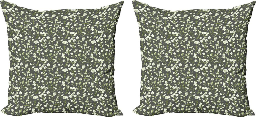 ABAKUHAUS Blumen Kissenbezug Set (2Stück), Doodle Anordnung der Blumen gewirbelte Blätter auf Graustufen-Hintergrund, 45 x 45 cm, Apfelgrün Weiß