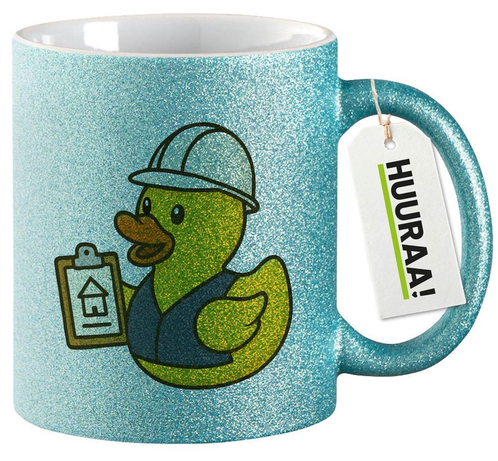 Huuraa Glitzertasse Quietscheente Bauingenieurwesen Comic Gummiente 330ml Blau Keramik Kaffeebecher Geschenkidee