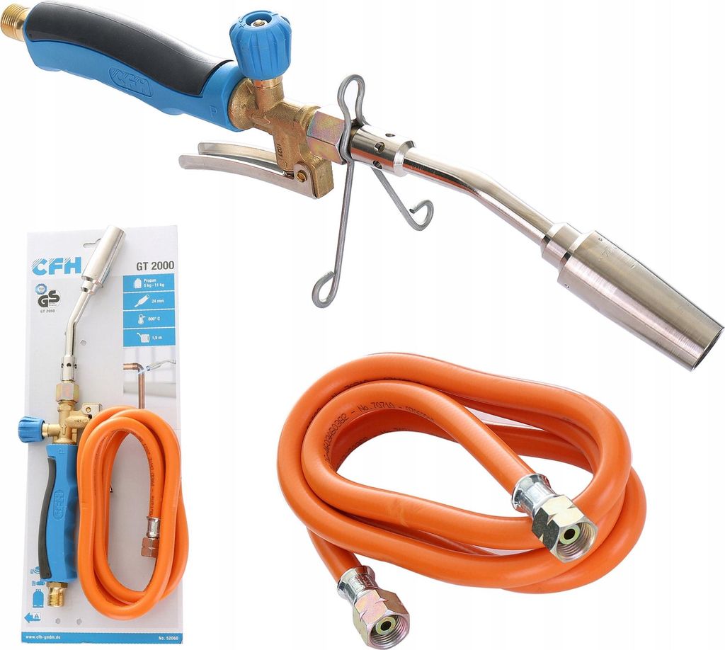 A product shot of a soldering torch and hose, with packaging in the background.