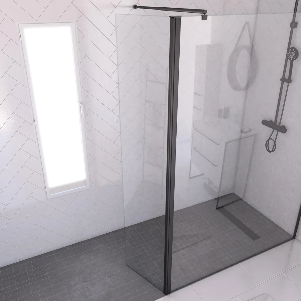 Volet pivotant douche 40x200cm verre trempé 6mm et profilé noir mat