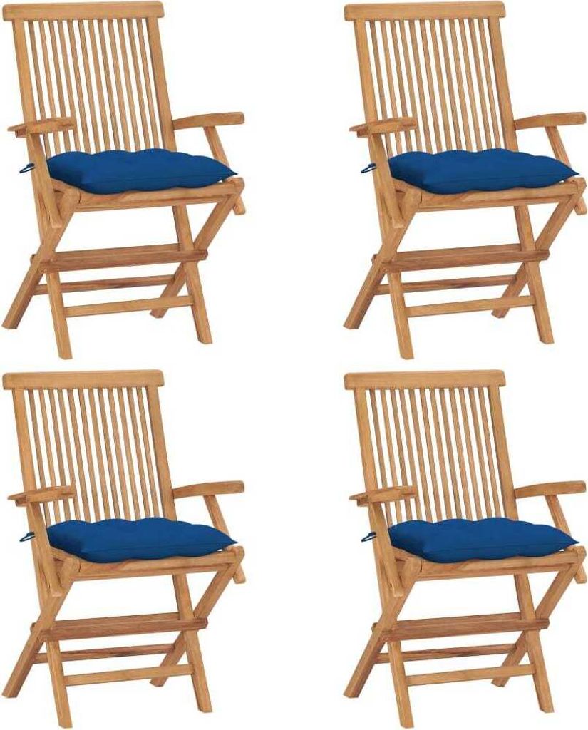 Gartenstühle mit Blauen Kissen 4 Stk. Massivholz Teak