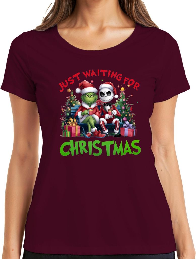 Just Waiting For Christmas Grinch Jack Skellington Santa lustig Damen T-Shirt, Burgundy, S
