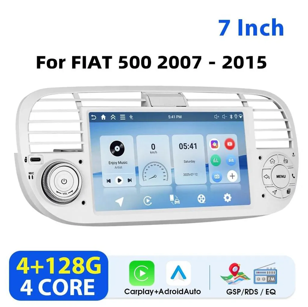 Autoradio Android Fiat 500 : Solution CarPlay et GPS sans Caméra Noir