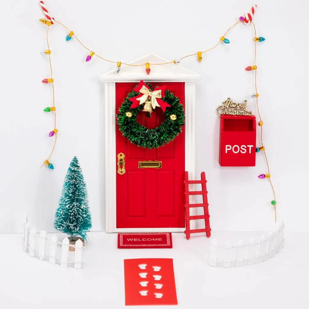 Porte de Noël en Bois avec Escalier et Boîte aux Lettres - Déco Elfe