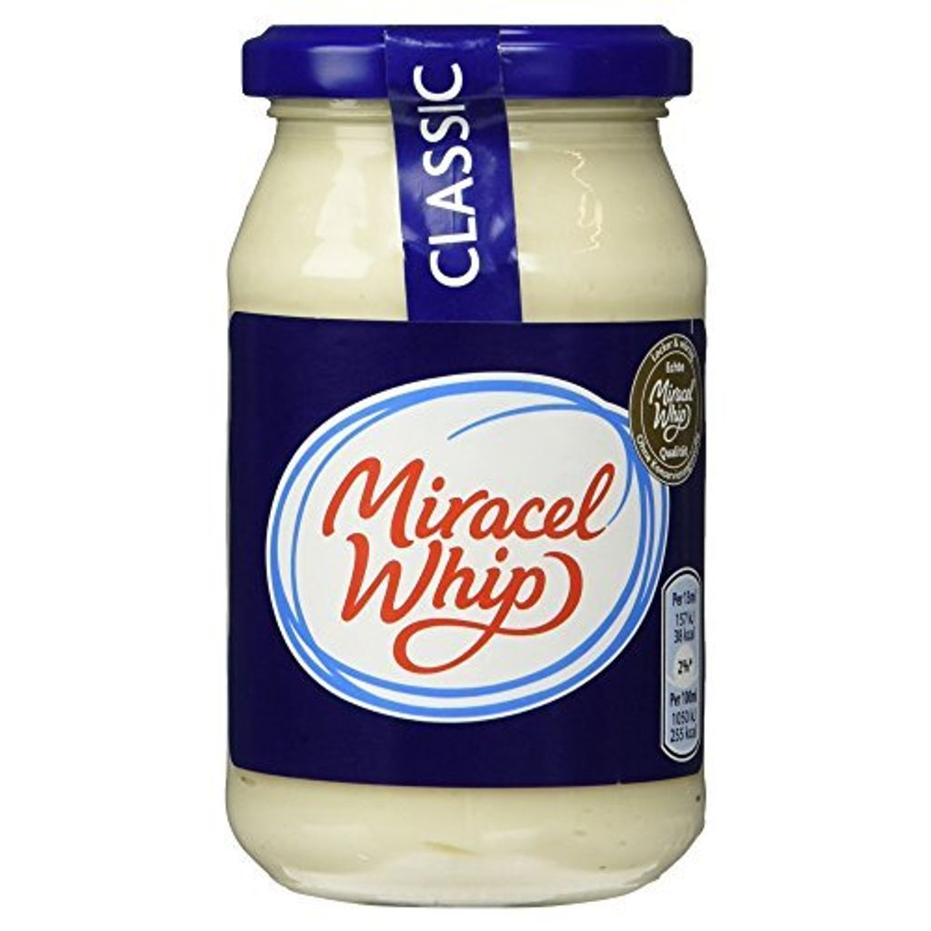 A jar of Miracel Whip salad cream on a white background.