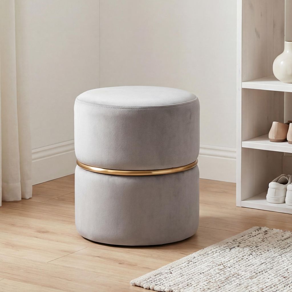 Duhome Samt Sitzhocker Gepolsterter Ottoman Rund Polsterhocker für Schlafzimmer Wohnzimmer Hauseingang Flur, Grau