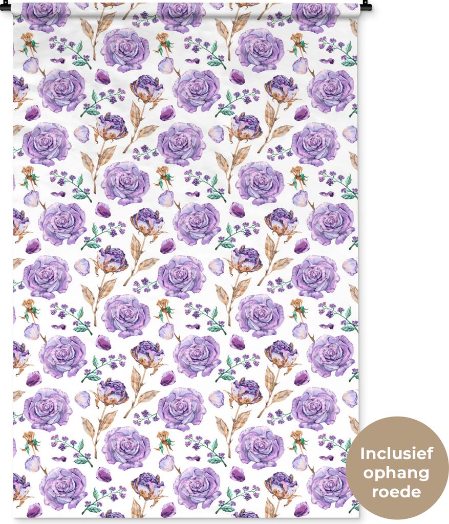 MuchoWow Wandteppich Wandbehang Blumen - Lila - Rosen 120x180 cm Tapisserie Dekoration Wandtuch - Schlafzimmer - Dekorationen für das Haus