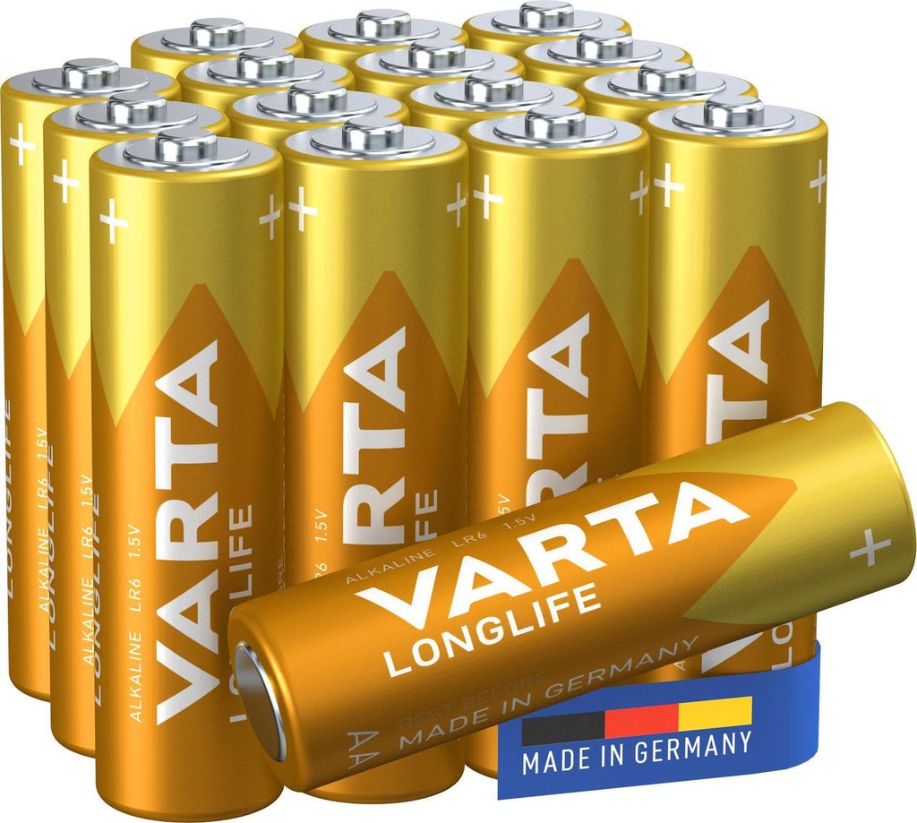VARTA Batterien Longlife AA Blister 16er Blister (Alkaline, 1,5V, ideal für Fernbedienungen, Wecker, Radios, Wanduhren, Verpackung zu 90% recycelt...