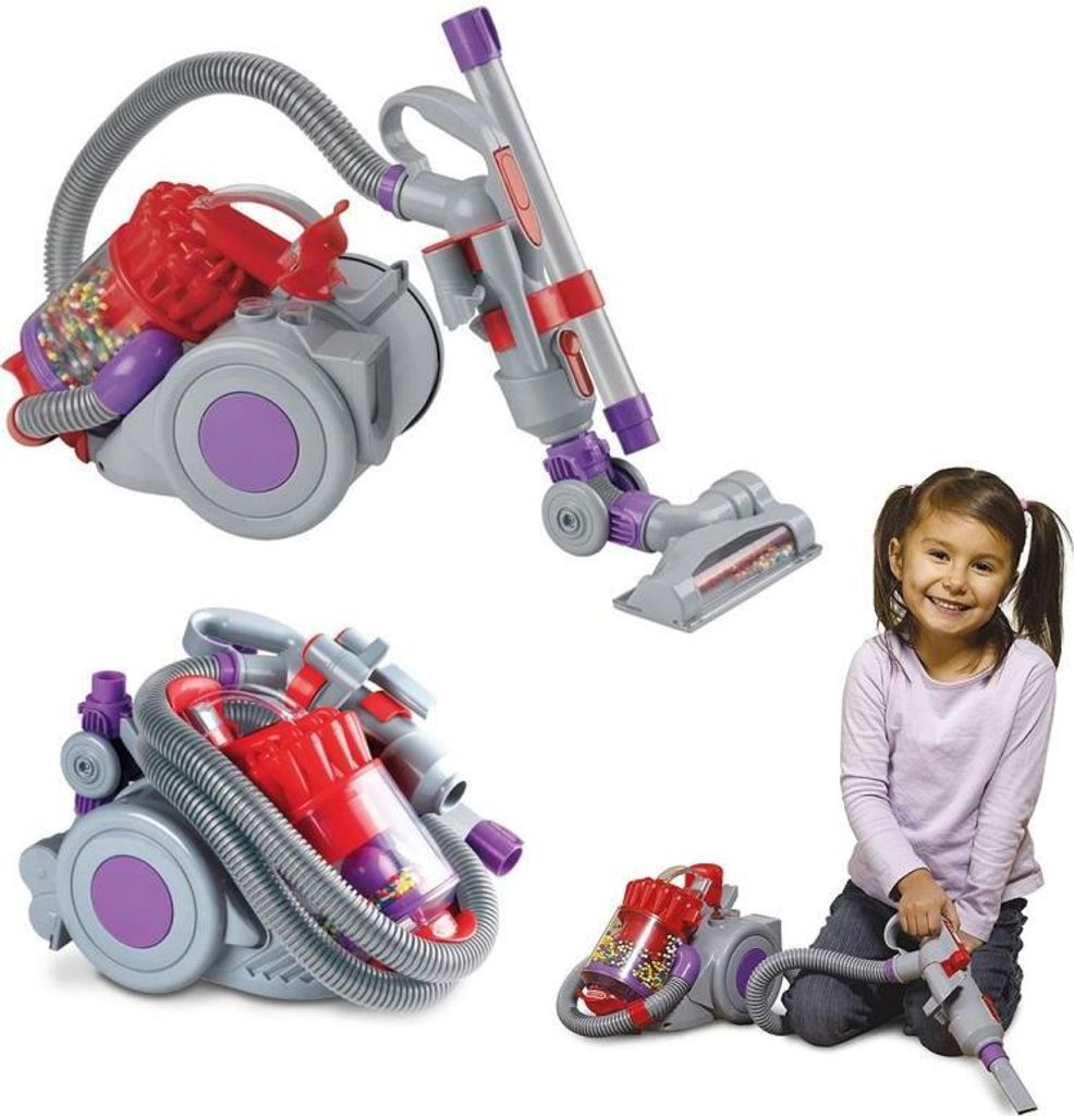 A collage of a toy Dyson vacuum cleaner and a young girl playing with it.
