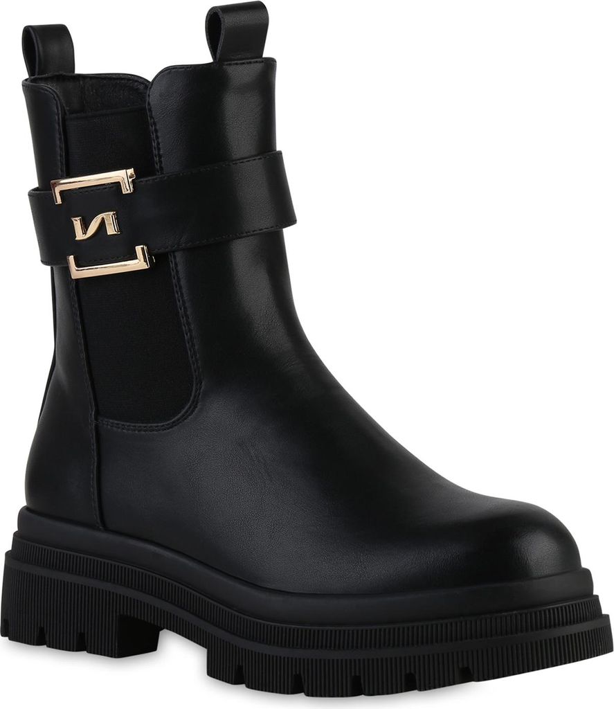 VAN HILL Damen Plateau Boots Blockabsatz Schnallen Profil-Sohle Schuhe 841854, Farbe: Schwarz, Größe: 36