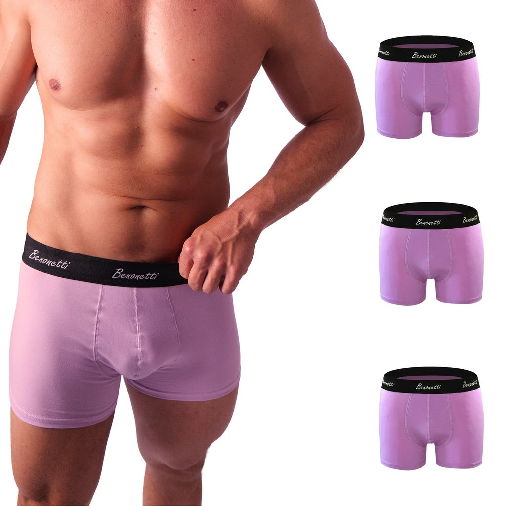 Benonetti Herren Boxershorts, atmungsaktive Baumwollunterwäsche mit Komfortbund, Bequem & langlebig, kein Aufrollen (3er Set, Flieder, L)
