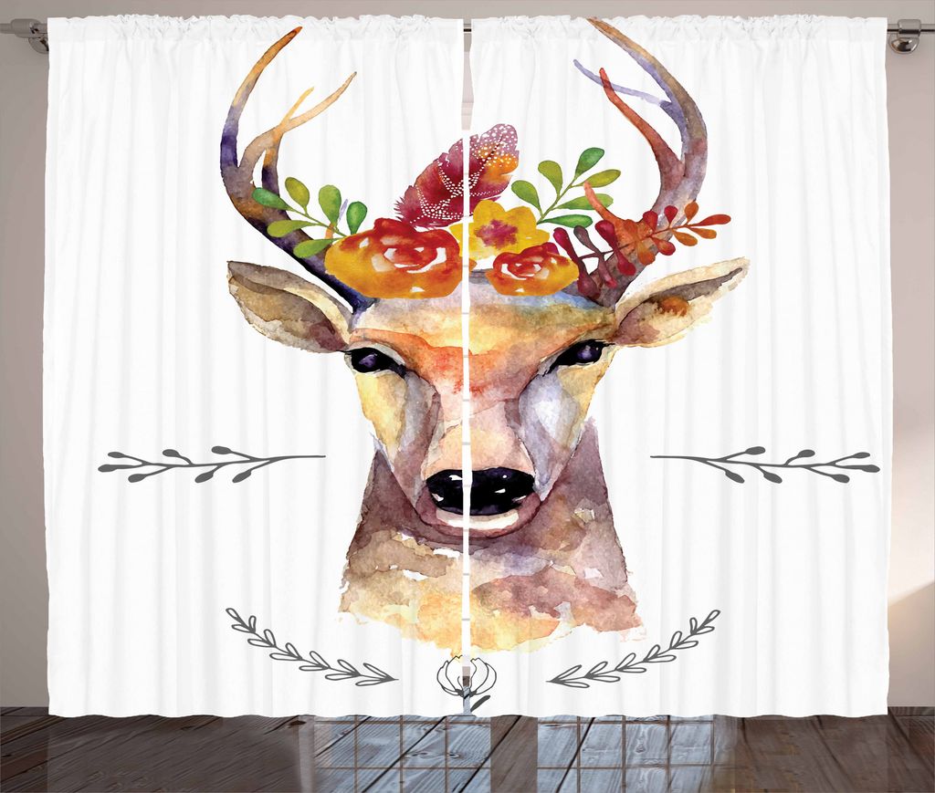 ABAKUHAUS Indie Rustikaler Vorhang, Aquarell Deer Rustic, Wohnzimmer Universalband Gardinen mit Schlaufen und Haken, 280 x 175 cm, Mehrfarbig