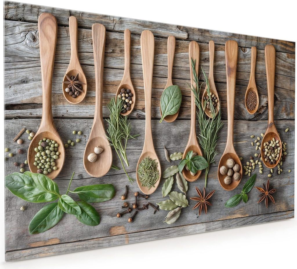 Küchenrückwand Spritzschutz Glas mit Motiv Holzlöffel und Kräuter 40 x 40 cm