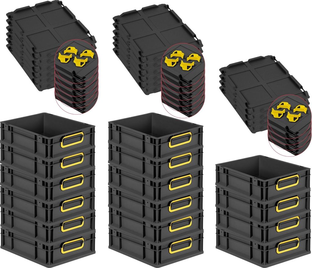 SuperSparSet 16x Eurobox NextGen Color mit Auflagedeckel und Schiebeschnappverschlüsse | HxBxT 12x30x40cm | 11 Liter | Schwarz | Griffe gelb gesch...