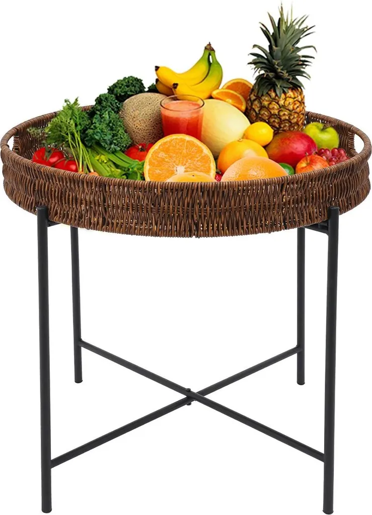 Tavolino Rotondo Pieghevole Retro Marrone | Vassoio Rimovibile Rattan