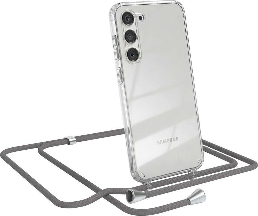 EAZY CASE Handykette kompatibel mit Samsung Galaxy S23 Plus, Handyhülle mit Umhängeband, Handykordel, Schutzhülle Clear, Band in Grau