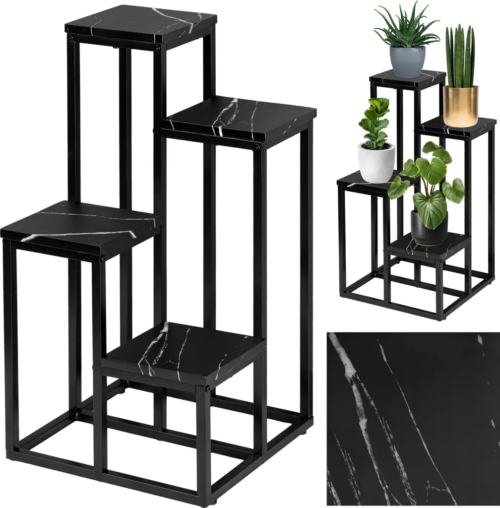 Étagère Porte-Plante Marbre et Métal Noir 4 Niveaux Style Glamour