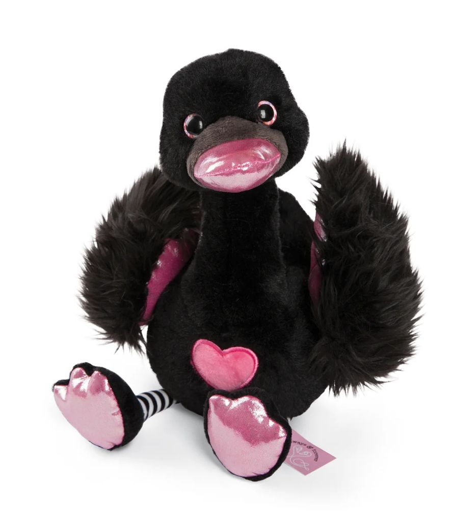 A black plush swan toy with pink accents sits on a white background.