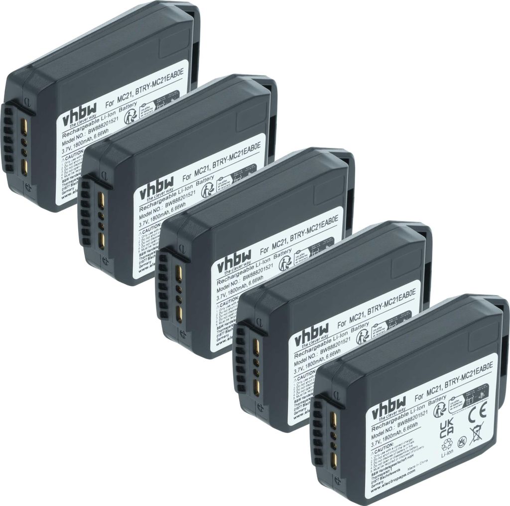 vhbw 5x Akku Ersatz für Motorola 82-105612-01, BTRY-MC21EAB0E, 82-150612-01 für Handheld Computer Scanner (1800 mAh, 3,7 V, Li-Polymer)