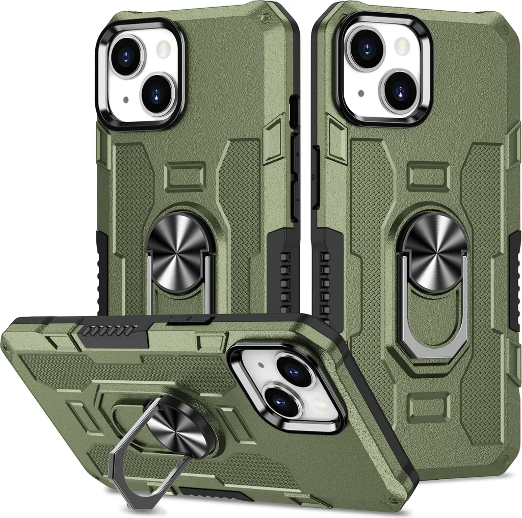 Custodia per iPhone 15 Plus, resistente custodia a due strati con supporto ad anello e supporto verde