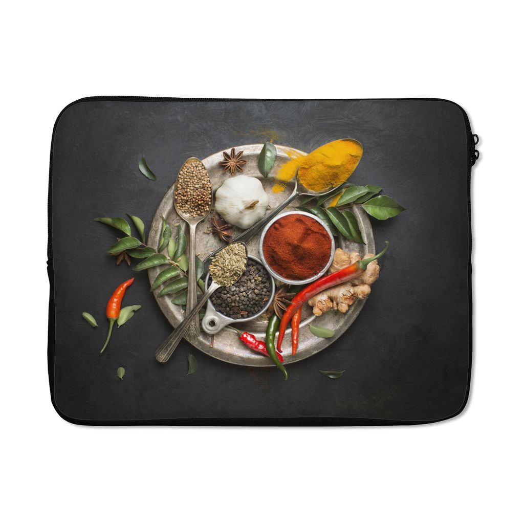 MuchoWow Laptop Hülle 17 Zoll Laptoptasche Gewürze - Teller - Pfeffer - Schwarz - Löffel - Silber - Zipper - Schutzabdeckung