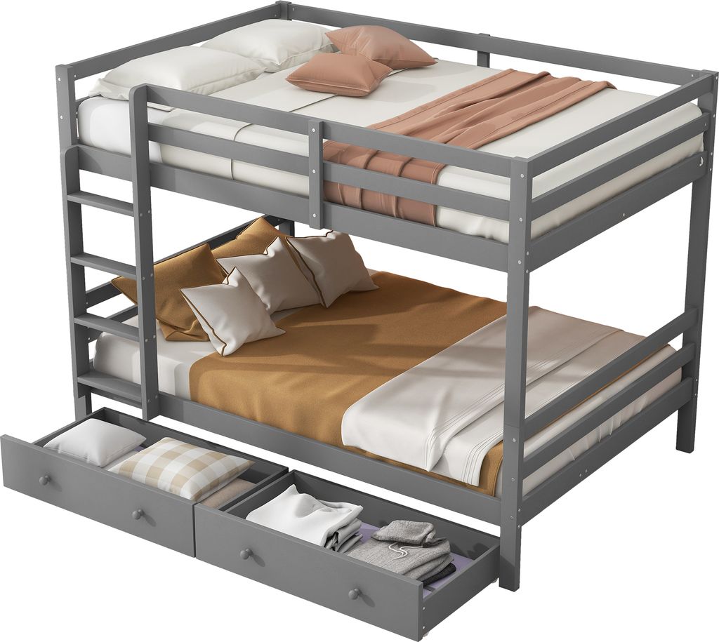 Etagenbett, 140*200cm,Kinderbetten mit Schubladen, Stauraum, Hohe Geländer, Grau