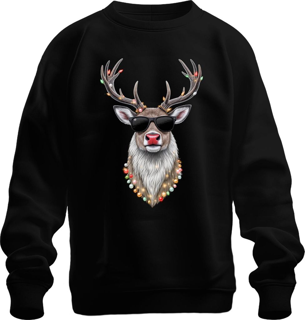 Weihnachten Rentier Sonnenbrille Lichterkette Rudolph Cool Retro Uni Sweatshirt Pullover, Schwarz, XL