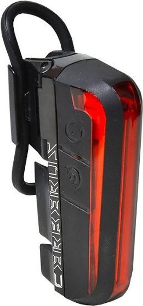 A black and red bicycle rear light is shown against a white background.