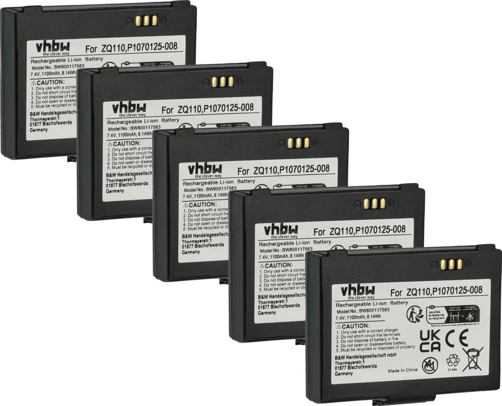 vhbw 5x Akku kompatibel mit Bixolon SPP-R200II, SPP-R200/II, SPP-R200III, SPP-R210, SPP-R200 Barcodescanner POS (1100 mAh, 7,4 V, Li-Ion)