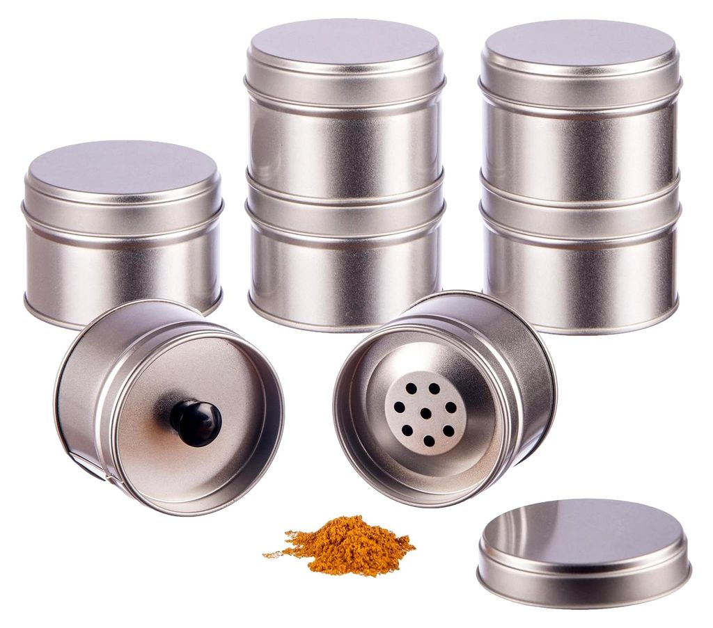 6er Set stapelbare Gewürzdosen mit Aromadeckel inkl. 6 Etiketten + 2 Streueinsätze | Höhe: ca. 4,5 cm, Ø ca. 6,4 cm | Material: Weißblech | BP...