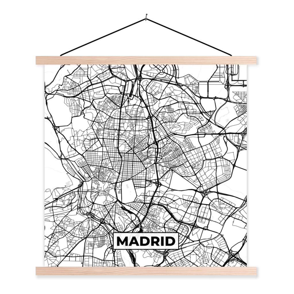 MuchoWow Textilposter Madrid - Schwarz und weiß - Stadtplan - Karte 60x60 cm mit holzfarbenen Rahmen - Wanddekoration
