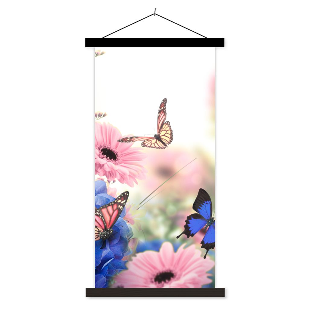 MuchoWow Textilposter Schmetterlinge - Blumen - Hortensien - Insekten 90x180 cm mit schwarzem Rahmen - Dekoration Wohnzimmer