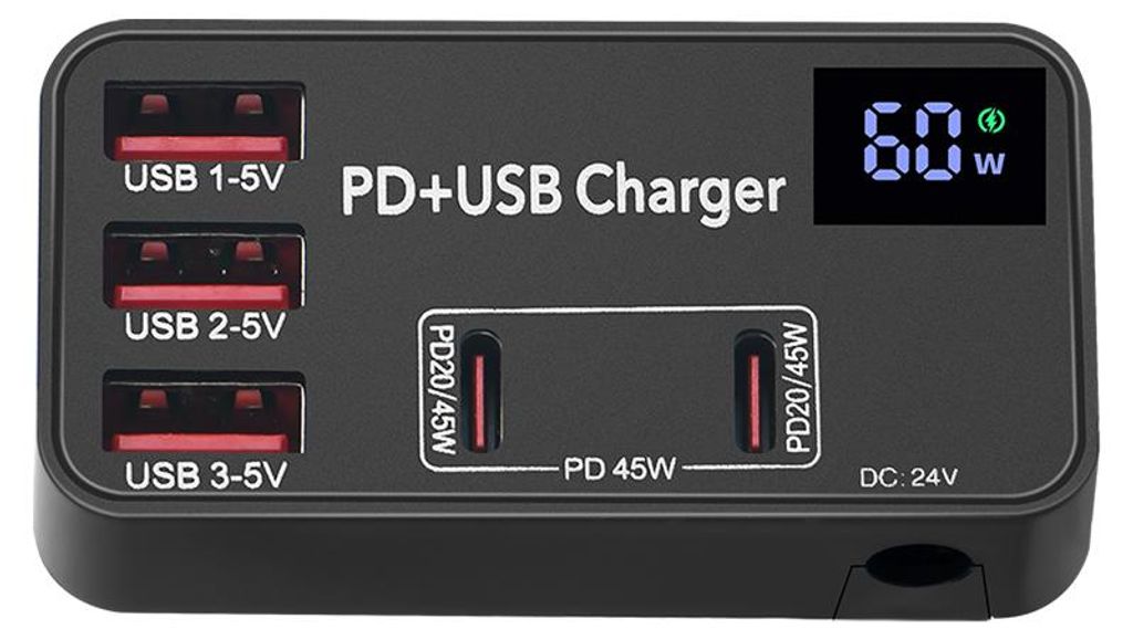 A black PD+USB charger with multiple ports and a digital display.