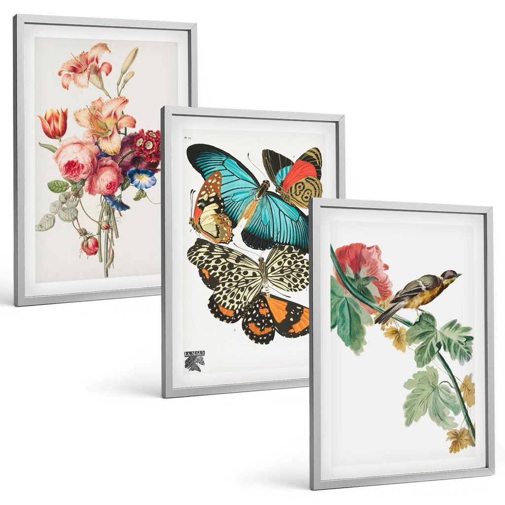 Bilder Set 3-teilig im silbergerahmten Rahmen – Wandbilder 3 Stück – gerahmte Poster für Wohnzimmer, Schlafzimmer und Flur – 40x60 cm – B...
