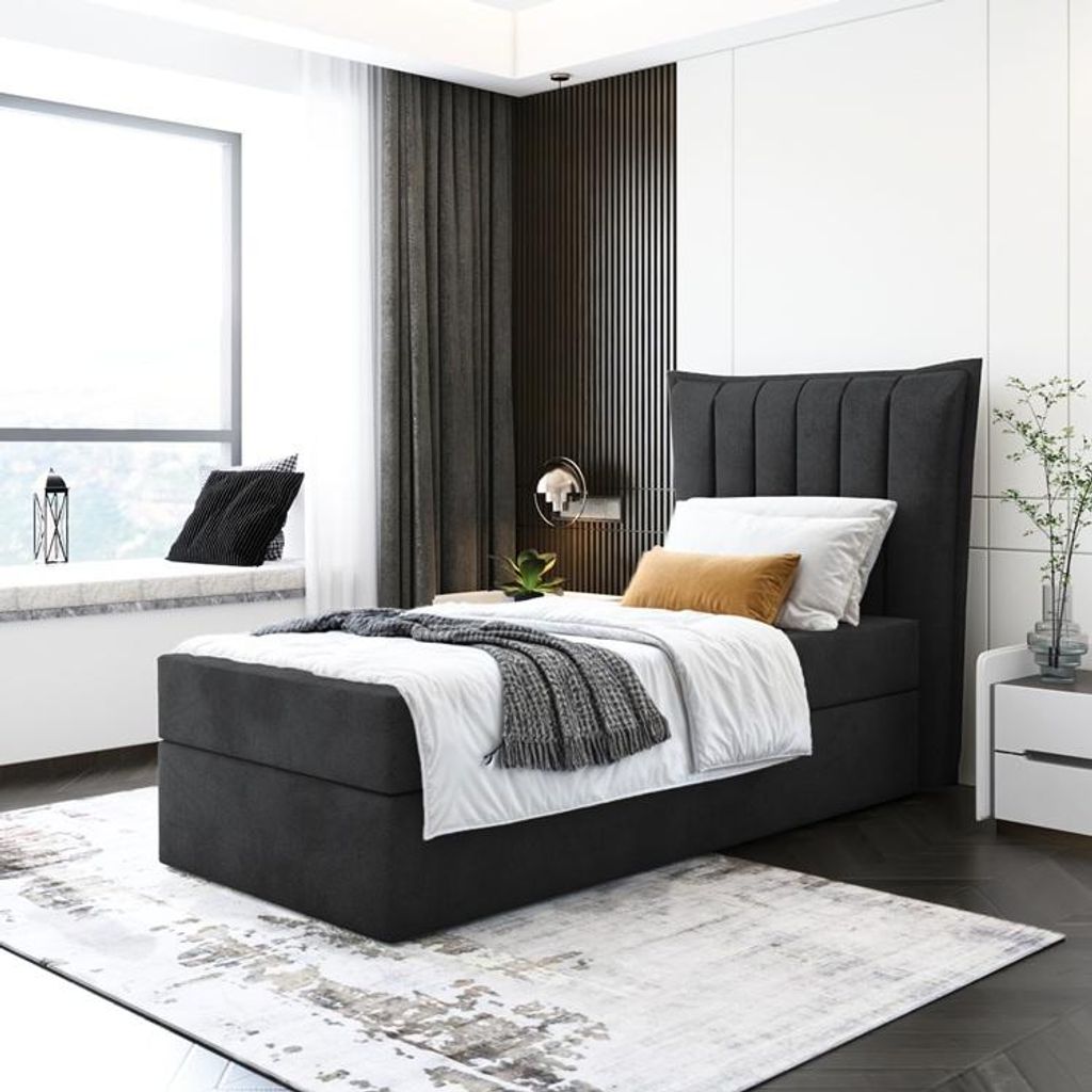 Boxspringbett LUNA MINI OHNE TOPPER , Einzelbett, Stauraum, Schlafzimmer, Polsterbett, 80x200 cm. (Schwarz - Itaka 15)