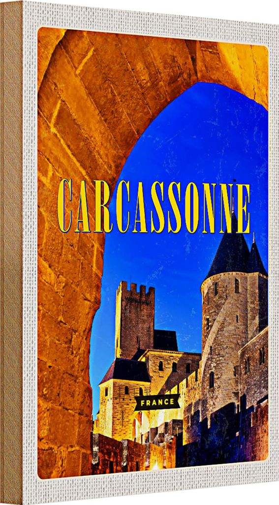 Holzschild Reise 20x30cm Retro Carcassonne France Mittelalter
