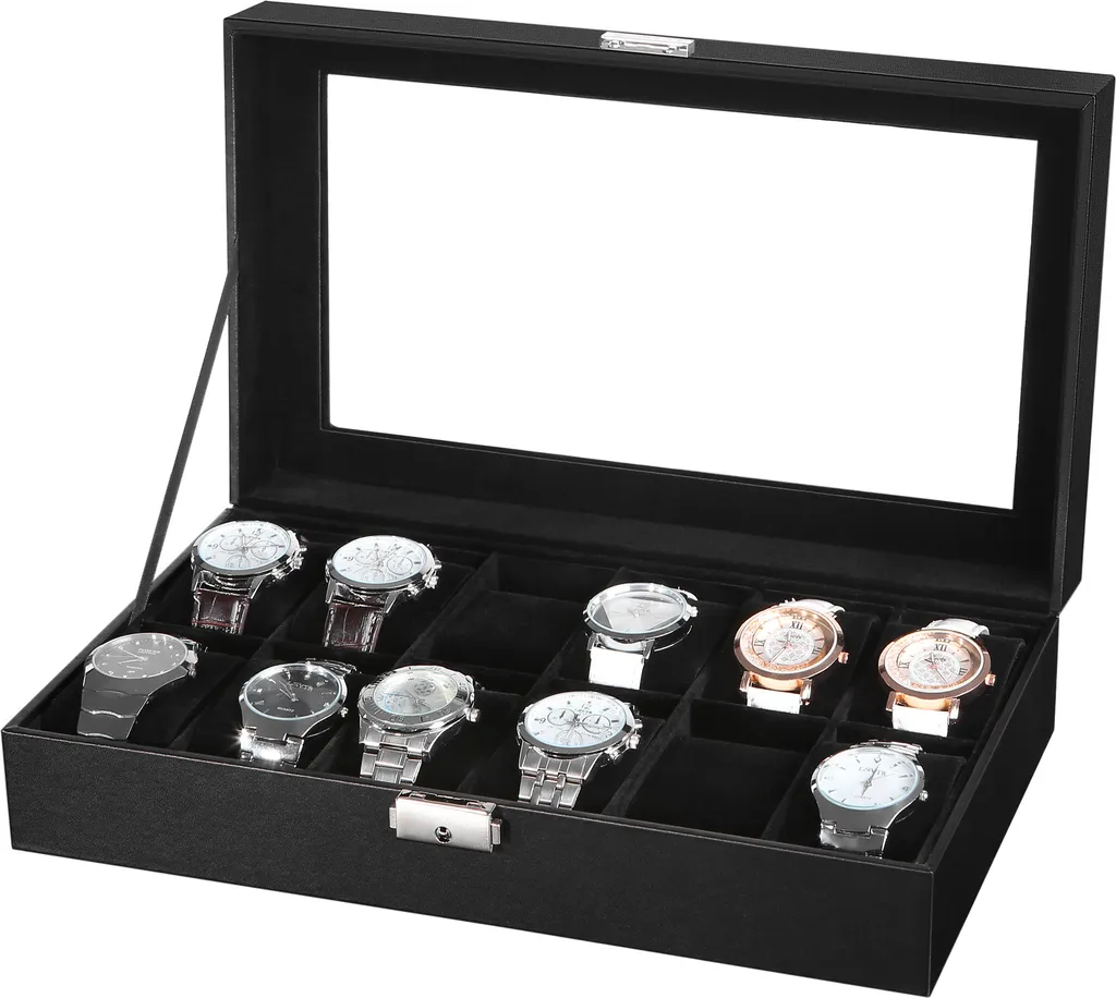 Boîte à montres 12 compartiments avec coussins amovibles et vitre