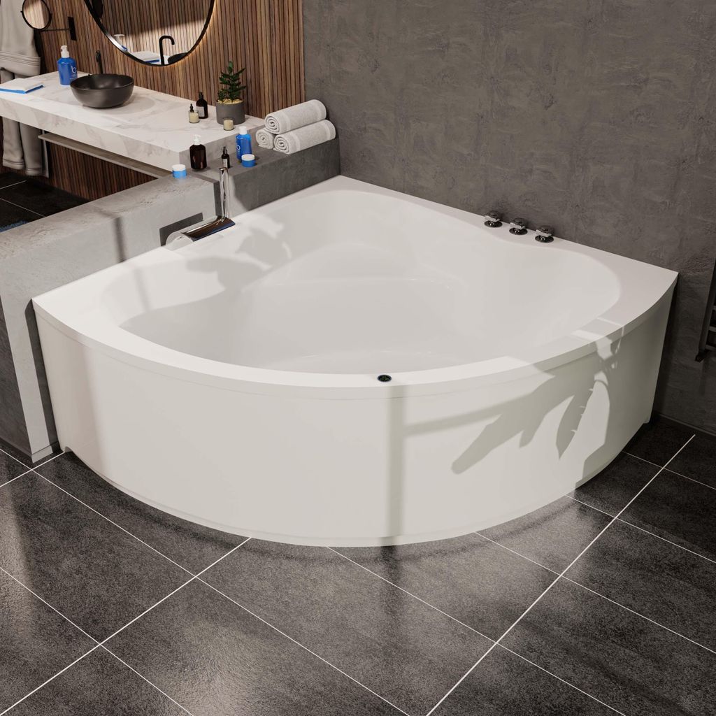 Aquade Acryl Eckbadewanne 140x140cm Koblenz & Wannenfüßen + Schürze + Wannenfüßen + Schürze + Ab-Überlaufgarnitur + LED + Wannenrandarmatur